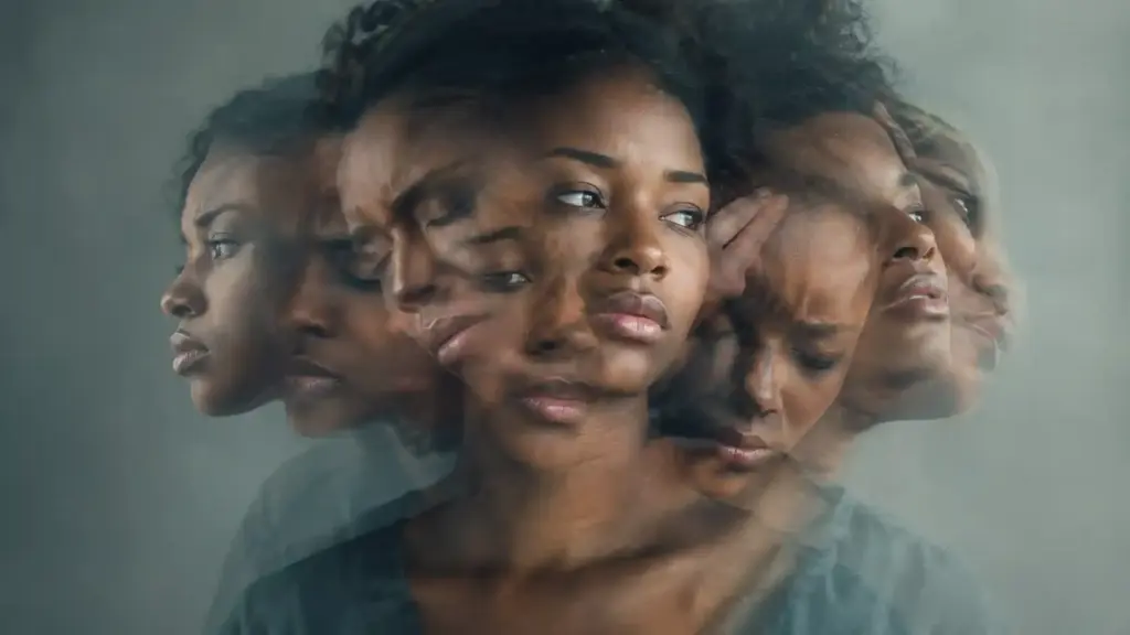Multiple blended expressions of one person creating a disorienting portrait of shifting emotions and inner turmoil.