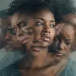 Multiple blended expressions of one person creating a disorienting portrait of shifting emotions and inner turmoil.