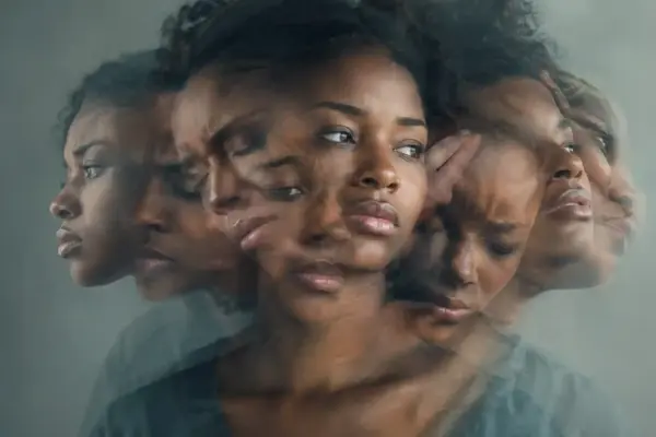 Multiple blended expressions of one person creating a disorienting portrait of shifting emotions and inner turmoil.