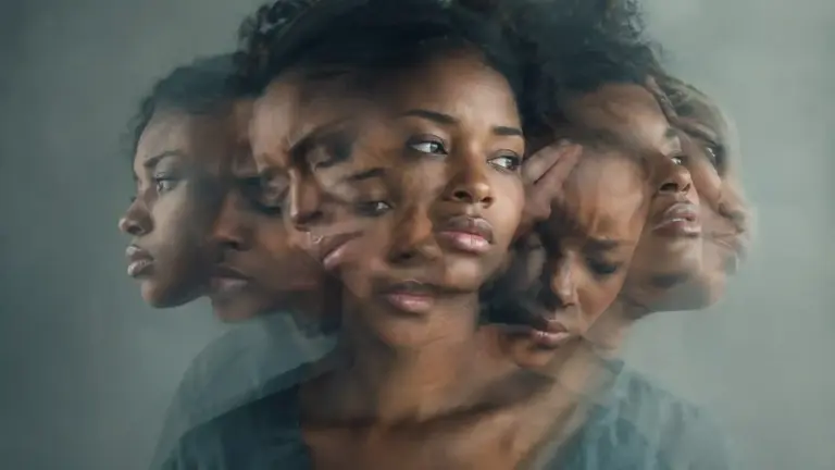 Multiple blended expressions of one person creating a disorienting portrait of shifting emotions and inner turmoil.