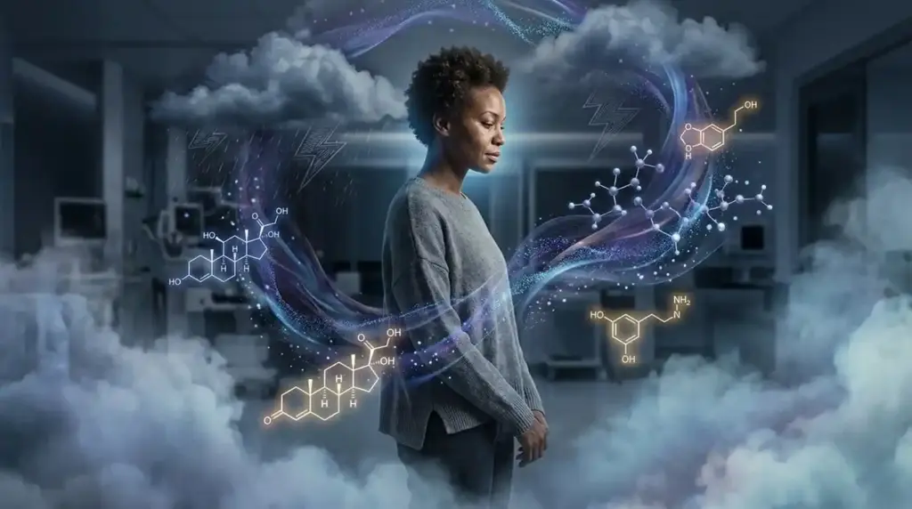 Symbolic cinematic illustration of an African woman surrounded by emotional storms and glowing hormone particles, representing the connection between hormones, mood, and accountability.