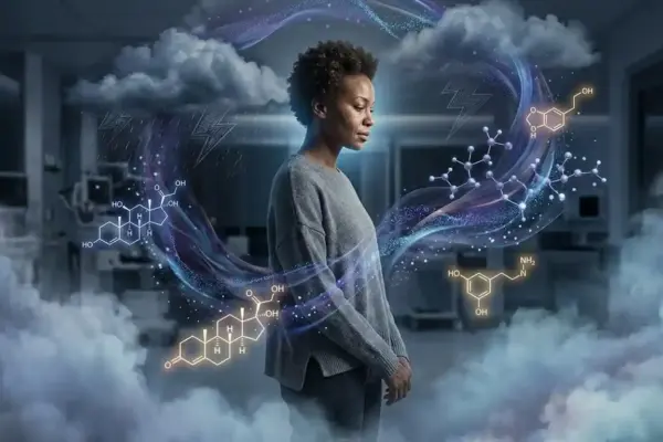 Symbolic cinematic illustration of an African woman surrounded by emotional storms and glowing hormone particles, representing the connection between hormones, mood, and accountability.