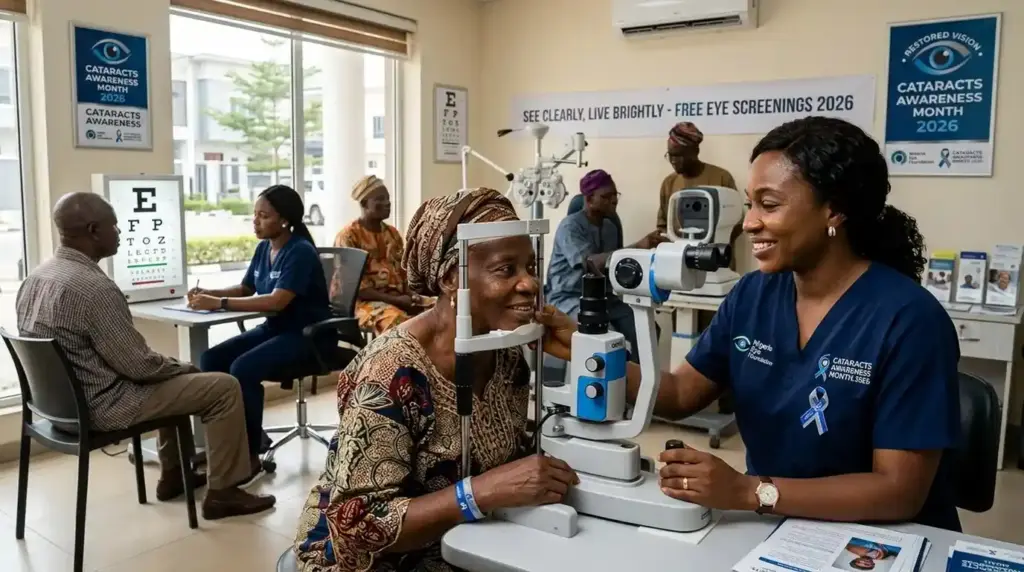 Older adults participating in eye examinations and vision-care awareness activities during Cataracts Awareness Month.