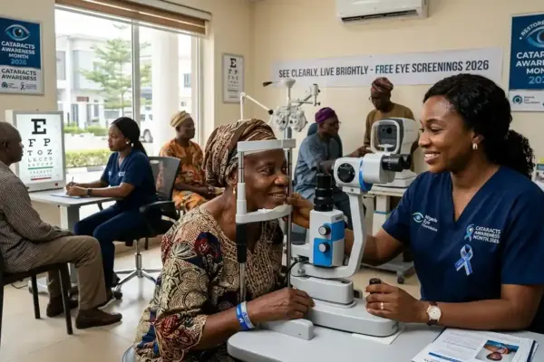 Older adults participating in eye examinations and vision-care awareness activities during Cataracts Awareness Month.