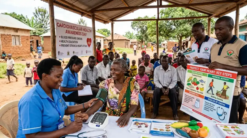 Community blood pressure screening and hypertension awareness illustration.