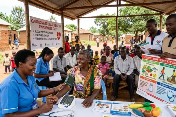 Community blood pressure screening and hypertension awareness illustration.