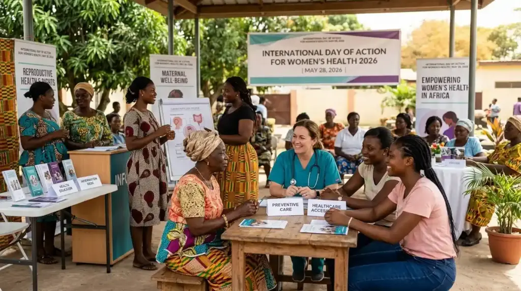 Women and healthcare workers participating in community health education and women’s health awareness activities.