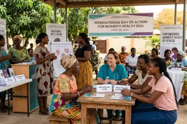 Women and healthcare workers participating in community health education and women’s health awareness activities.