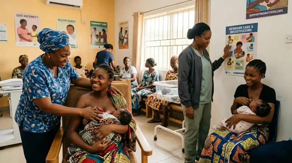 Midwives supporting maternal and newborn healthcare in a community setting.