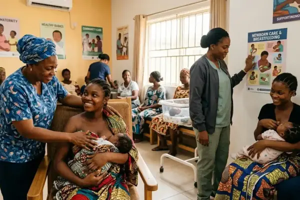 Midwives supporting maternal and newborn healthcare in a community setting.