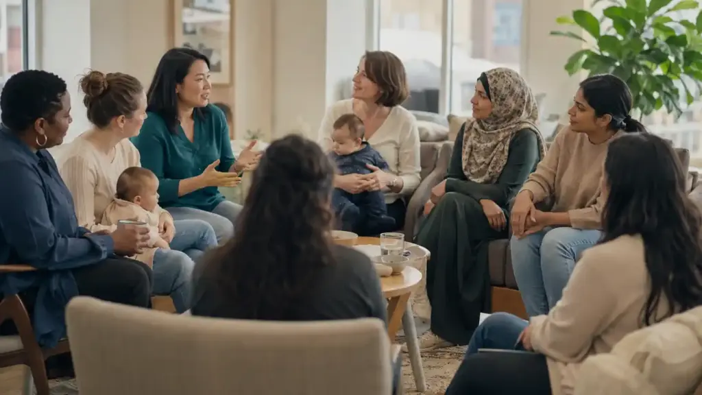 Mothers and parents sharing experiences in a supportive community setting, representing the importance of listening to lived experiences in maternal mental health.