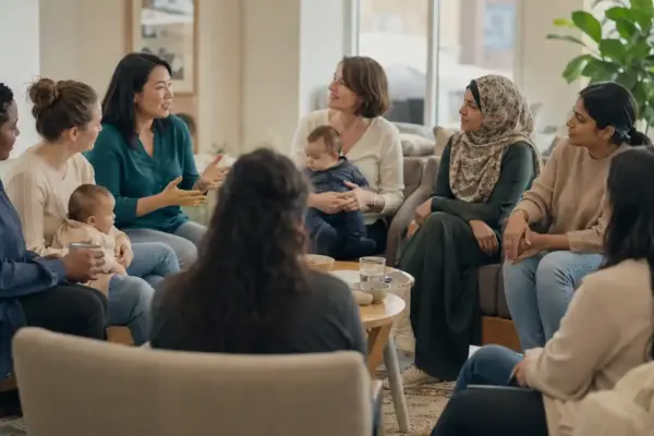 Mothers and parents sharing experiences in a supportive community setting, representing the importance of listening to lived experiences in maternal mental health.