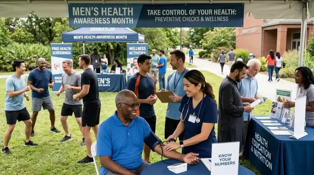 Men participating in preventive healthcare and wellness awareness activities.