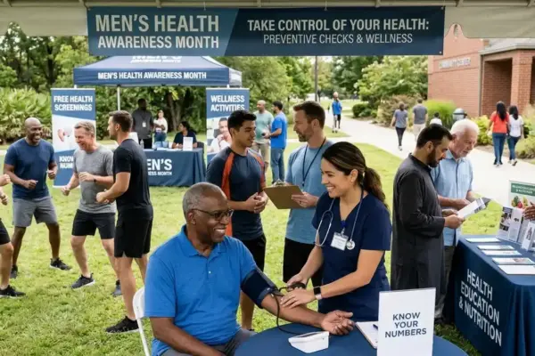 Men participating in preventive healthcare and wellness awareness activities.