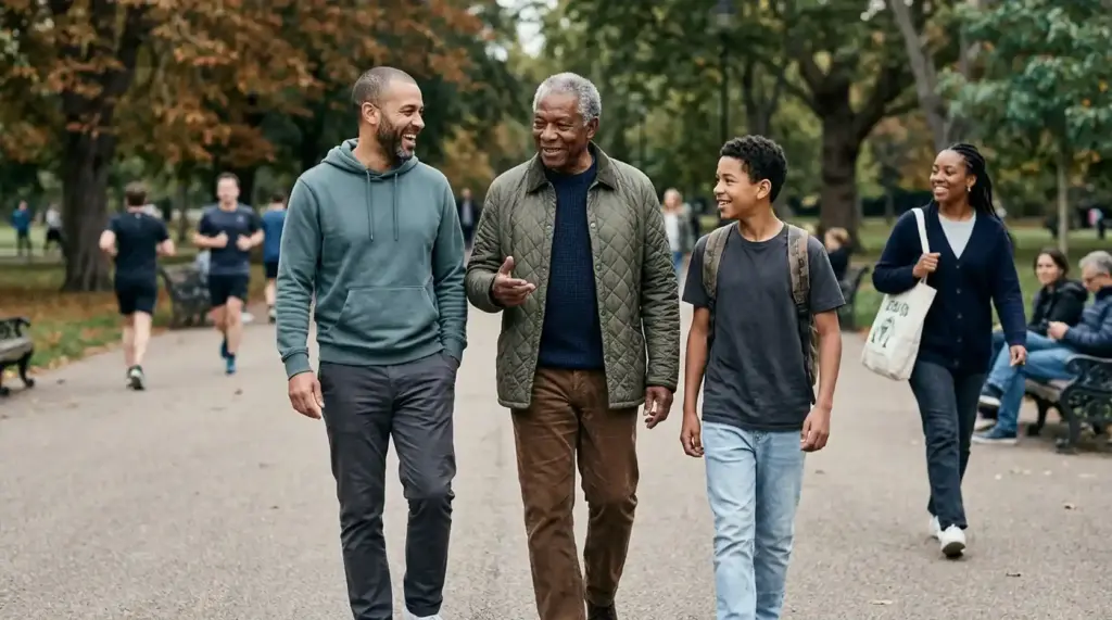Men and boys of different generations spending time together, representing connection and support for healthier lives across the lifespan.