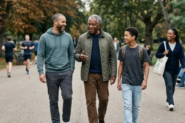 Men and boys of different generations spending time together, representing connection and support for healthier lives across the lifespan.