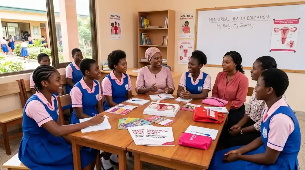 Girls and women participating in menstrual health education and awareness activities.