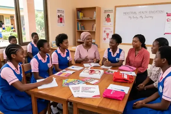 Girls and women participating in menstrual health education and awareness activities.
