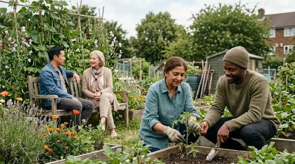 Diverse adults sharing a relaxed moment in a community garden, representing social connection, everyday well-being, and mutual support for mental health.