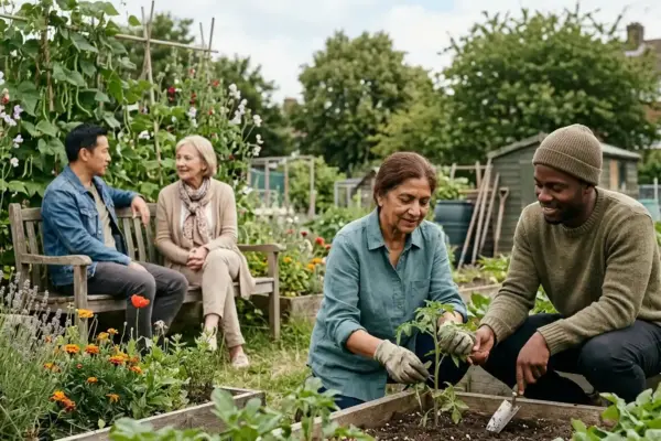 Diverse adults sharing a relaxed moment in a community garden, representing social connection, everyday well-being, and mutual support for mental health.