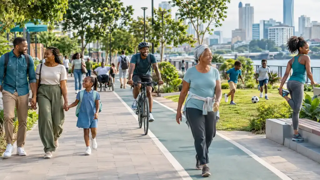 People of different ages and abilities walking, cycling and playing in an accessible public space, representing everyday physical activity and healthy living.