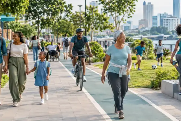 People of different ages and abilities walking, cycling and playing in an accessible public space, representing everyday physical activity and healthy living.