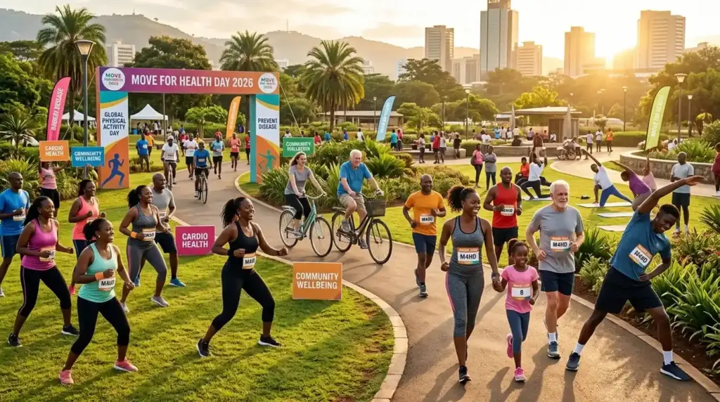 People participating in physical activity and community exercise during Move for Health Day awareness campaigns.