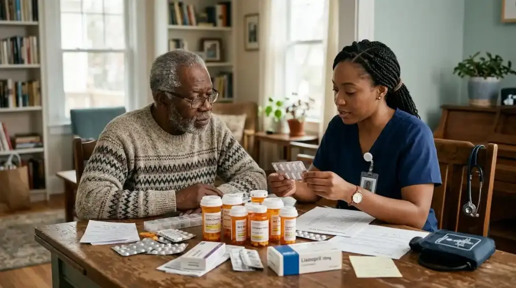 Older adult sitting at a table reviewing multiple prescription medication bottles with a healthcare professional, illustrating the risks and complexity of polypharmacy.