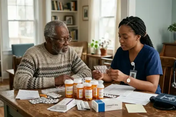 Older adult sitting at a table reviewing multiple prescription medication bottles with a healthcare professional, illustrating the risks and complexity of polypharmacy.