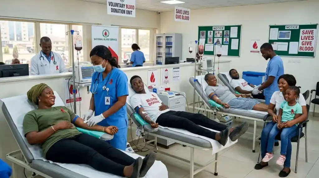 Voluntary blood donation awareness illustration featuring donors and healthcare workers.