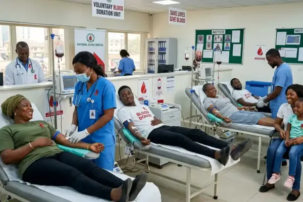 Voluntary blood donation awareness illustration featuring donors and healthcare workers.