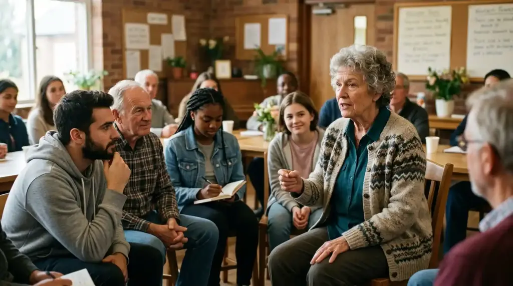 Older woman speaking confidently in an intergenerational community gathering, representing dignity, participation and protection from elder abuse.