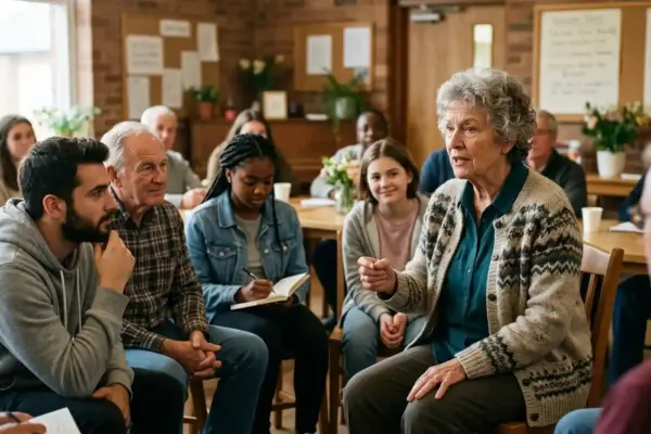 Older woman speaking confidently in an intergenerational community gathering, representing dignity, participation and protection from elder abuse.