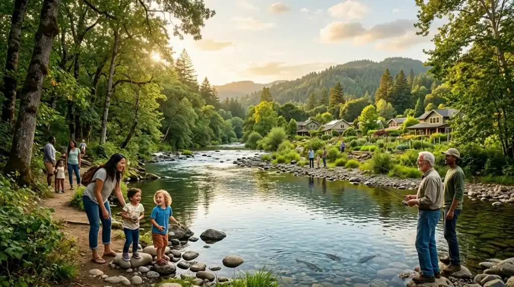 Environmental health awareness image, showing healthy communities and clean environments.