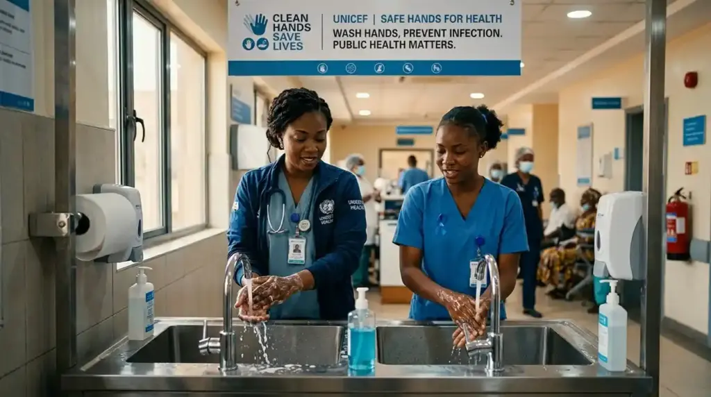 Healthcare workers practicing hand hygiene during infection prevention awareness campaigns.