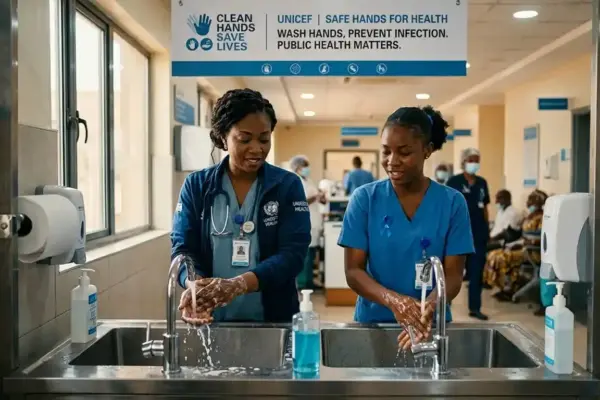 Healthcare workers practicing hand hygiene during infection prevention awareness campaigns.