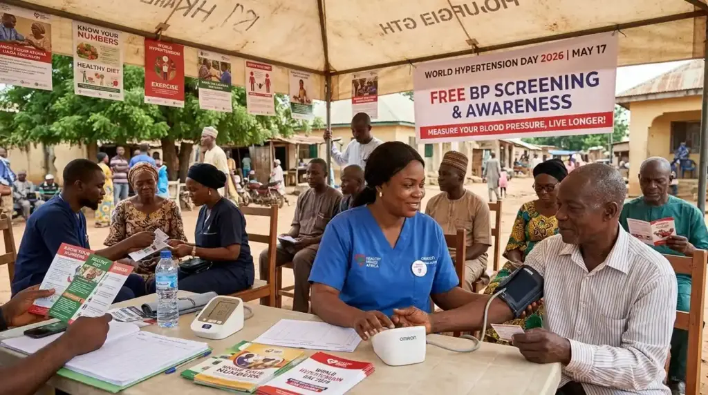 Healthcare workers conducting community blood pressure screening during World Hypertension Day awareness activities.