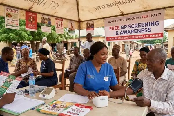 Healthcare workers conducting community blood pressure screening during World Hypertension Day awareness activities.