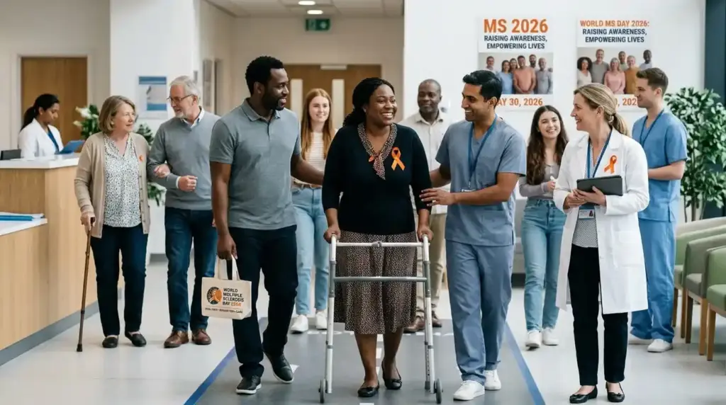 People living with multiple sclerosis represented in supportive healthcare and community settings during awareness activities.