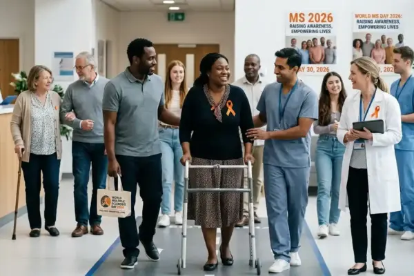 People living with multiple sclerosis represented in supportive healthcare and community settings during awareness activities.