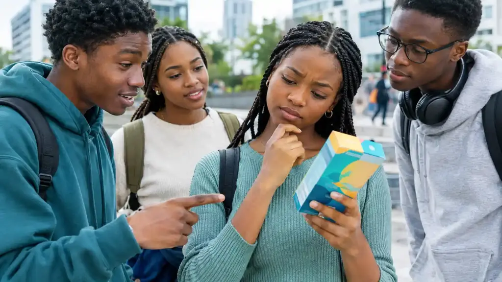 Young people critically examining persuasive product marketing, representing awareness of tobacco and nicotine industry tactics.