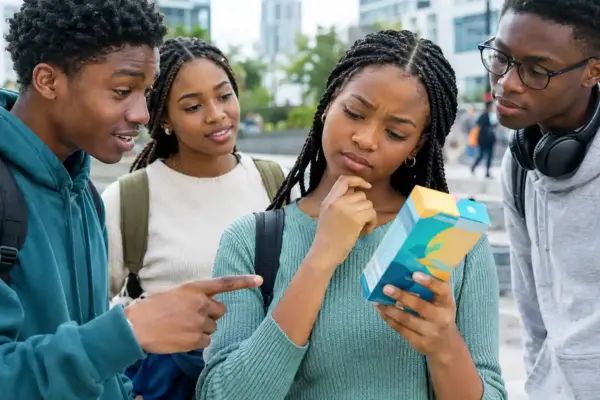 Young people critically examining persuasive product marketing, representing awareness of tobacco and nicotine industry tactics.