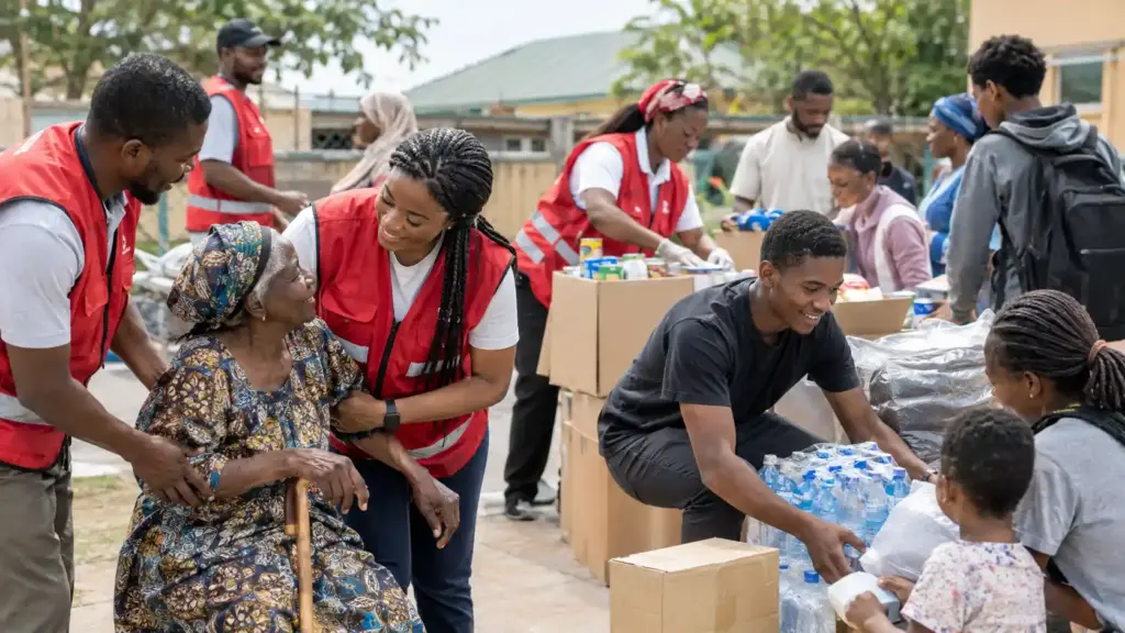 Community members and humanitarian volunteers working together, representing solidarity, dignity and shared humanity during times of crisis.