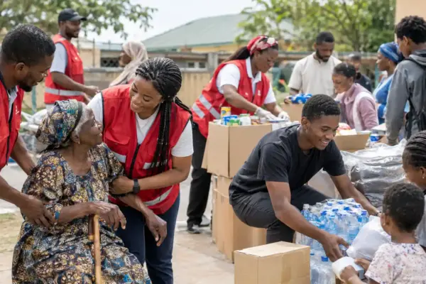 Community members and humanitarian volunteers working together, representing solidarity, dignity and shared humanity during times of crisis.