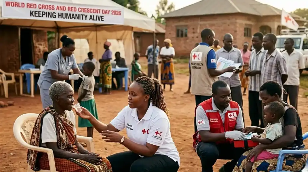 Healthcare volunteers and humanitarian workers providing medical and community support during World Red Cross and Red Crescent Day awareness activities.