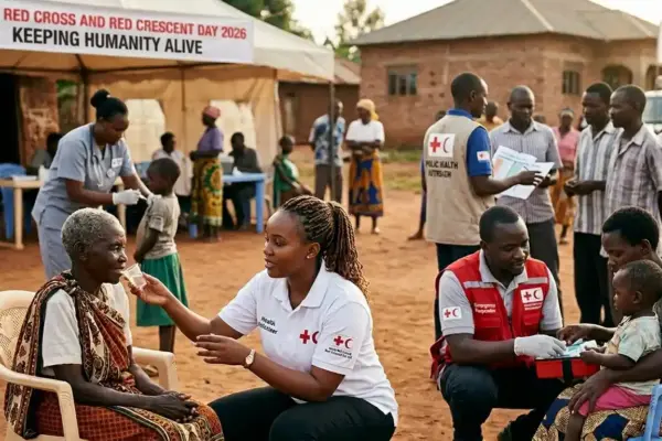 Healthcare volunteers and humanitarian workers providing medical and community support during World Red Cross and Red Crescent Day awareness activities.