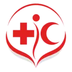 Minimal red humanitarian insignia featuring a Red Cross, Red Crescent, abstract human figure, and protective circular arc, symbolizing unity, compassion, global humanitarian aid, and hope on a white background.