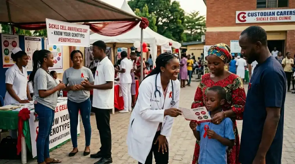 Families and healthcare workers participating in sickle cell disease awareness activities.