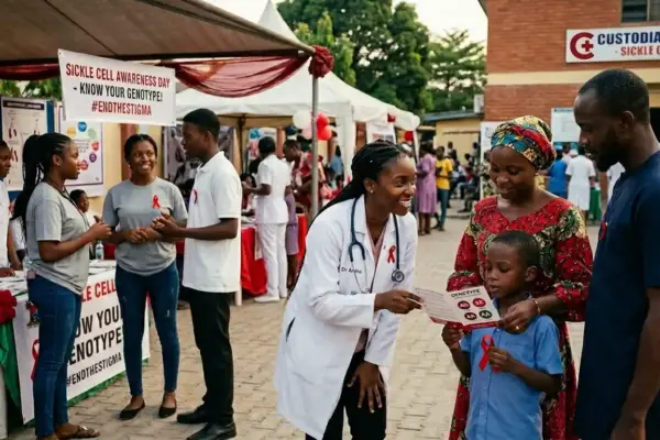 Families and healthcare workers participating in sickle cell disease awareness activities.