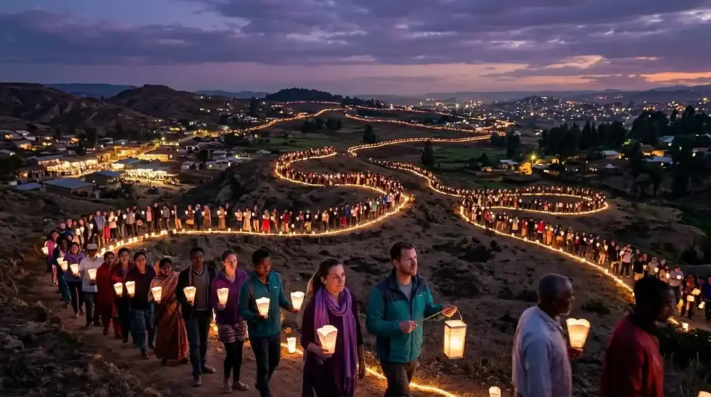 People carry lanterns along illuminated pathways through communities, symbolizing collective action to end gender-based violence.